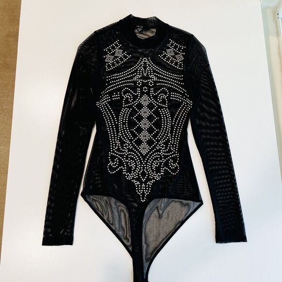 Iris Juniors Mesh Studded Bodysuit Long Sleeve Black Size Sm-Med Bodysuit Sheer - Picture 14 of 15